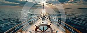 the ship wheel of a sleek yacht against the vast expanse of the sea, evoking a sense of freedom and exploration.