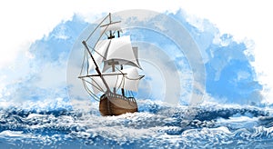 A ship with white sails on the waves of the sea, the ocean. Marine background, illustration of a ship.