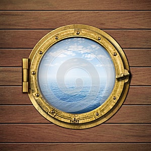 Ship window or porthole with sea or ocean