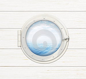 Ship window or porthole on white wooden wall