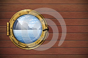 Ship window with sea or ocean with tropical island