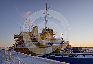 the ship is in winter parking in the port of Arkhangelsk