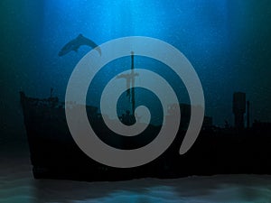 Ship wreck on sea or ocean bottom. Sunk vessel underwater scenery. Silhouette of old abandoned shipwreck and shark above it.