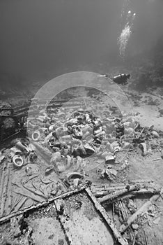 Ship wreckage on the ocean floor.