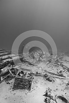 Ship wreckage on the ocean floor.