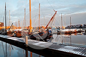 Ship, yachts and boast on marina in Groningen
