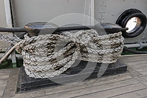 Shipboard bitts aboard a ship. secure mooring lines