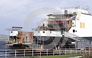 Shipbuilding scaffold close up in Port Glasgow Ferguson Ship building Dock Harbor Harbour UK photo