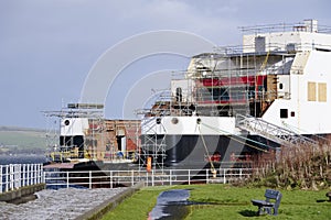 Shipbuilding scaffold close up in Port Glasgow Ferguson Ship building Dock Harbor Harbour UK photo