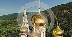 Shipka Memorial Russian Church, town of Shipka, Bulgaria, aerial drone view