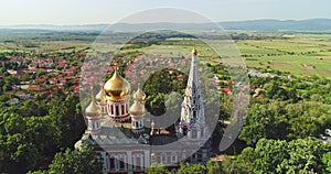 Shipka Memorial Russian Church, town of Shipka, Bulgaria, aerial drone view