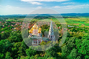 Shipka Memorial Russian Church, town of Shipka, Bulgaria, aerial drone view