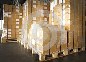 Shipment boxes. cargo export. Stacked of cardboard boxes on pallet rack at the warehouse storage. warehouse logistics.