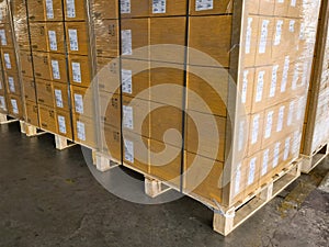 Shipment cartons box on pallets and wooden case on hand lift in interior warehouse cargo for export and sorting goods in freight