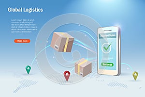 Shipment cartons delivery from smartphone screen with pin point world wide map background. Smart logistics delivery tracking