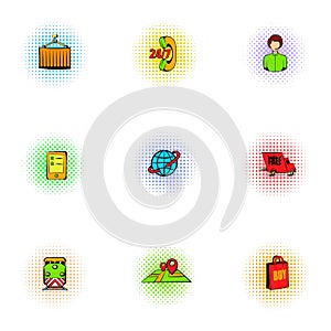 Shipment icons set, pop-art style