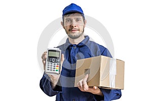 Shipment and package delivery concept. Young man holds cardboard box and payment terminal.