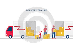 Shipment package transit to next pickup point vector flat illustration design. Open box delivery truck full of package moved to