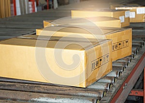 Shipment. Parcel boxes, Warehousing. Cardboard boxes sorting on conveyor belt.