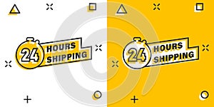 Shipping 24 hours icon in comic style. Delivery countdown cartoon vector illustration on isolated background. Quick service time