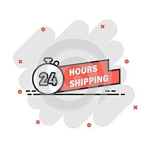 Shipping 24 hours icon in comic style. Delivery countdown cartoon vector illustration on isolated background. Quick service time