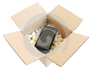 Shipping box with black smartphone