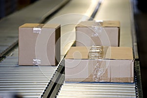 Shipping Boxes On Conveyor Belt