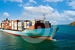 Shipping cargo containers businesses services import and export international transportation open sea landscape aerial view blue s