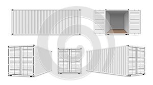 Shipping cargo containers with open, closed doors realistic set. Large intermodal steel freight boxes.