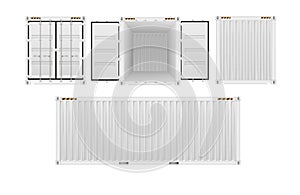 Shipping cargo containers with open, closed doors realistic set. Steel freight boxes for storage, transportation. Vector