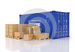 Shipping container with cardboard boxes and palletes