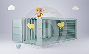 Shipping container empty with yellow heart shapes and Teddy bear in gray composition for modern stage display and minimalist