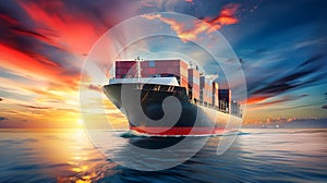 Shipping Container Ship at Ocean Sunset in Realistic Marine Painting Style