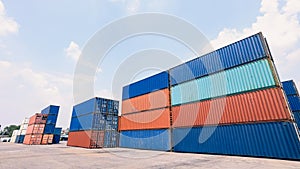 Shipping container stack area for cargo transportation wide angle view