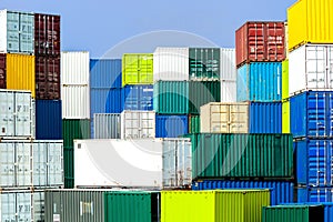 Shipping container stack in diverse, harmonious colors