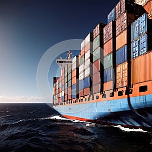 Shipping container vessel stacked with cargo containers used for transport of goods international across ocean