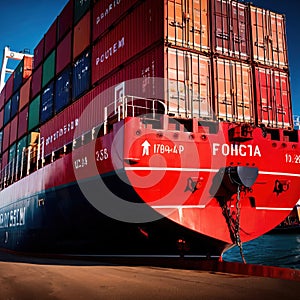 Shipping container vessel stacked with cargo containers used for transport of goods international across ocean