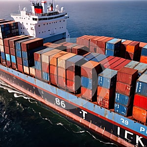 Shipping container vessel stacked with cargo containers used for transport of goods international across ocean