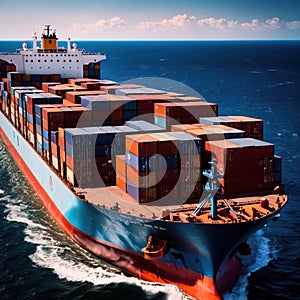 Shipping container vessel stacked with cargo containers used for transport of goods international across ocean