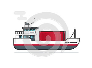 Shipping container via ship vector illustration line outline, flat cartoon vessel or boat transporting cargo container