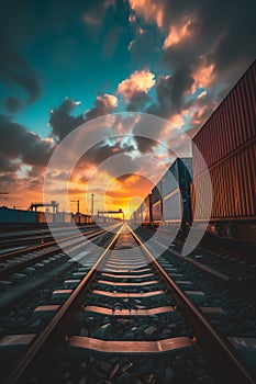 Shipping containers arriving at rail yard for transport and logistics operations