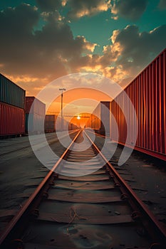 Shipping containers arriving at rail yard for transport and logistics operations