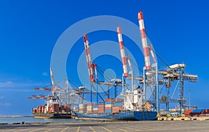 Shipping containers being unloaded at port facilities in Ashdod, Israel, Containers ships Loading In Ashdod Ports. Israel