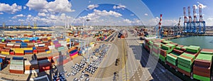 Shipping containers, Cargo Ship  And New Imported Cars in Port facilities in Ashdod, Israel, Containers before Loading In Ashdod