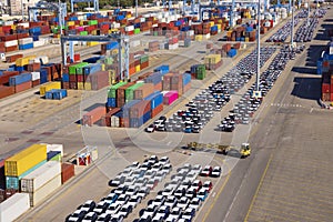 Shipping containers and cars in port facilities,  Ashdod, Israel, Containers ships Loading In Ashdod Ports. Israel