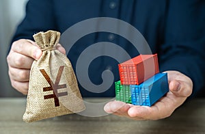 Shipping containers and chinese yuan or japanese yen money bag.