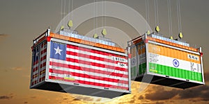 Shipping containers with flags of Liberia and India