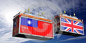 Shipping containers with flags of Taiwan and United Kingdom