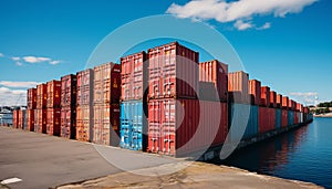 Shipping containers floating in the sea, transporting cargo, with copy space, against a blue sky