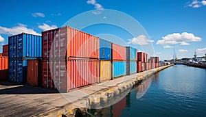 shipping containers floating in the sea, transporting cargo, with copyspace, against a blue sky